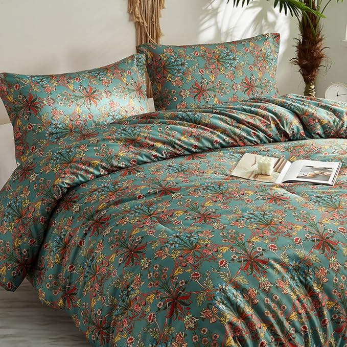 LifeTB Queen Comforter Set Vintage Floral Boho Comforter for Queen Bed Aesthetic Floral Bedding Comforter with 2 Pillowcases Flower Leaves Boho Bedding Sets Farmhouse Botanical Flower Comforter Set