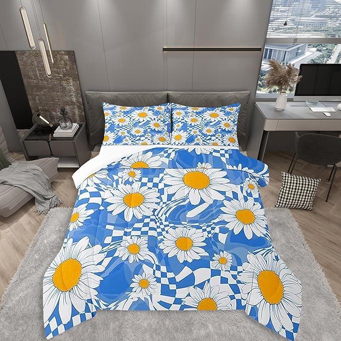 Castle Fairy Kids Abstract Queen Size Comforter Set,White Daisy Flowers Down Comforter Adults Bedroom Decor,Blue Zebra Stripes Geometric Plaid Ultra Soft Microfiber Inner Fill 3Pcs Bedding