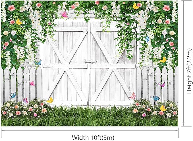 AOFOTO White Barn Door Floral Backdrop 10x7ft Spring Garden Background Banner Green Leaves Flowers Butterfly Wooden Door Backdrops Birthday Bridal Shower Wedding Banner Photo Booth Studio Props