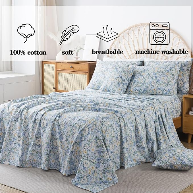 FADFAY 100% Cotton King Bed Sheet Set, 4 Piece Blue Yellow Rose Floral Bedding, Soft Breathable Cooling Sheets with Deep Pocket Fitted Sheet, Flat Sheet & 2 Pillowcases, Farmhouse Vintage Sheets