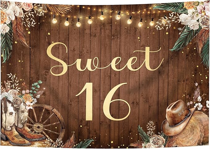 SVBright Sweet 16 Backdrop 8Wx6H Western Cowgirl Retro Boho Pampas Grass Country Flower Floral West Rustic Wooden Boots Hat Farmhouse Decorations Photography Background Banner Photo Booth Studio