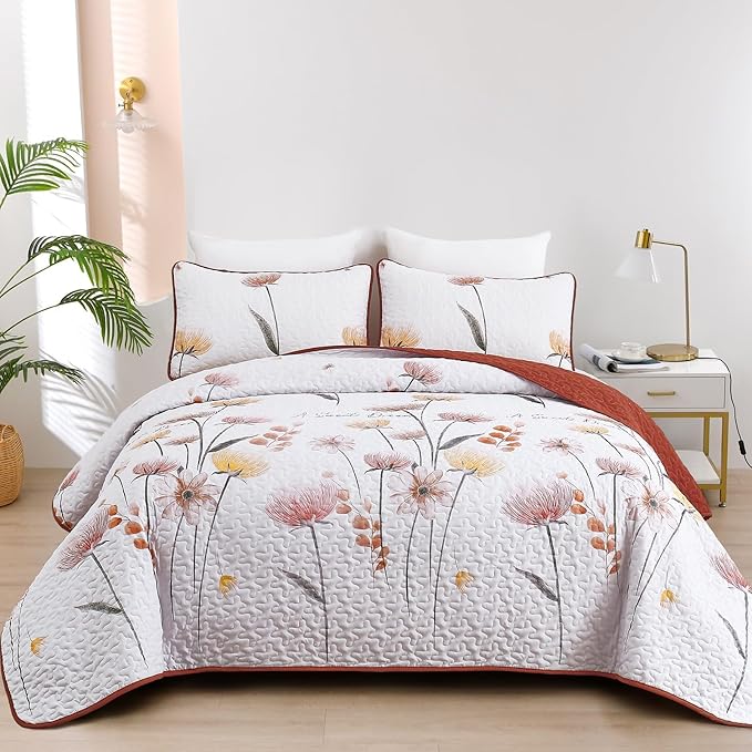 Dinjoy King Size Quilt Set Floral,3 Pieces Burnt Orange & Yellow Quilts Farmhouse Quilt Bedding Sets Lightweight Bedspreads Coverlet Set Summer Quilts for King Bed (110"x90")