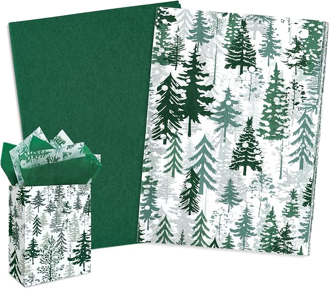 Whaline 100 Sheets Christmas Tree Tissue Paper Dark Green Folded Flat Woodland Tree Wrapping Paper Green Gift Wrapping Tissue Papers Rustic Art Crafts for Home DIY Gift Box Xmas Winter Decoration