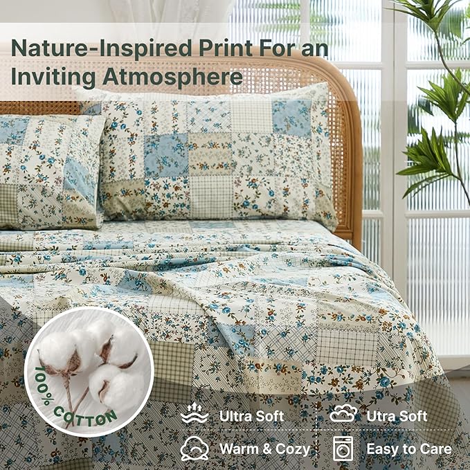 Shabby Chic Floral Patchwork Sheets Set Queen Size, Crisp Cooling Sheets with a Smooth Cotton Percale Lightweight Feel, 4 Pieces Luxury Soft Deep Pocket Fitted Sheet 17.5''