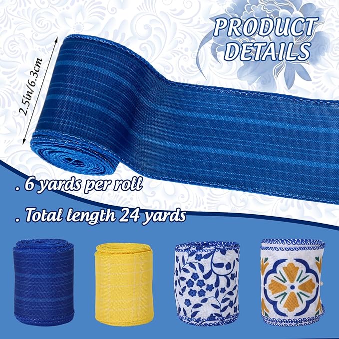 Boho Wired Edge Ribbon Blue Yellow Stripe Plaid Floral Leaves Fabric Craft Ribbon for Wedding Birthday Bridal Shower Wreath Bow Making, 4 Rolls, 24 Yards