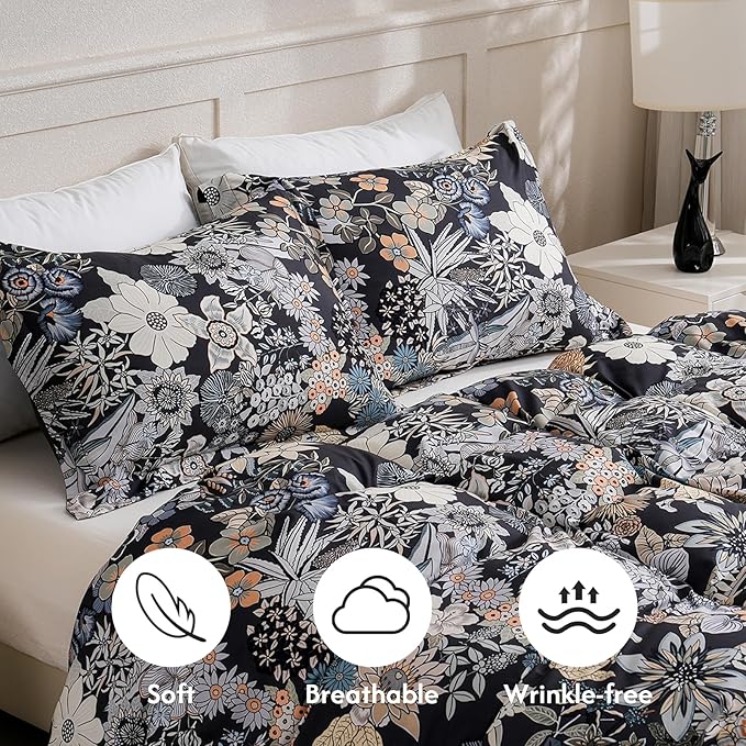 LONAVA Queen Flower 3 Pcs Duvet Cover Set, Breathable Soft Microfiber Black Lining Comforter Cover with Zipper Closure, and 2 Anti-Pilling, Fade Resistant Pillowcases, Midnight Blossoms