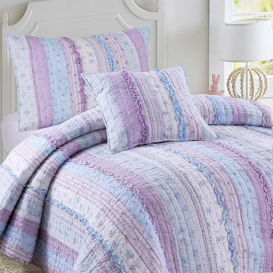 Cozy Line Home Fashions Shabby Chic Romantic Lace Purple Blue Floral Cotton Bedding Quilt Set, Reversible Coverlet, Bedspread (Lavender, King-4 Piece: 1 Quilt+2 King Shams+1 Decor Pillow)