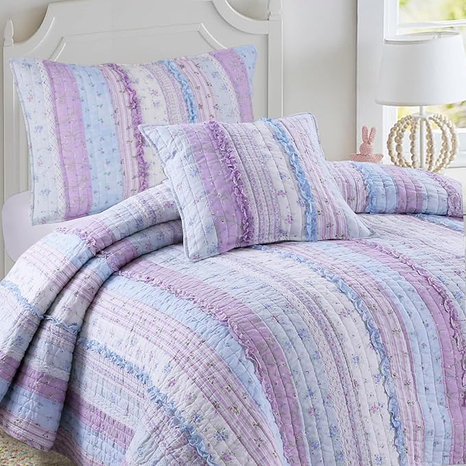 Cozy Line Home Fashions Shabby Chic Romantic Lace Purple Blue Floral Cotton Bedding Quilt Set, Reversible Coverlet, Bedspread (Lavender, Queen-4 Piece: 1 Quilt+2 Shams+1 Decor Pillow)