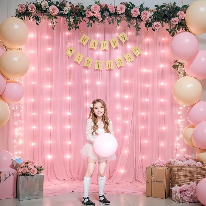 Sheer Backdrop Curtains with Lights String for Weddings Baby Showers, 20x8ft Sheer Tulle Photo Backdrop Curtains for Birthday Party Photography Background Decoration, Pink