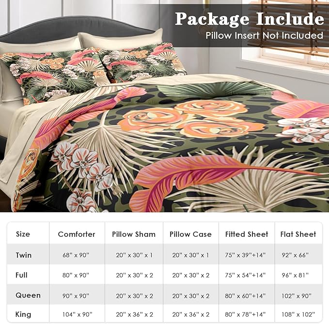 Comforter Set Twin Size, Summer Tropical Flowers 5 Pcs Bedding for Kids and Adults, Hawaiian Palm Leaf Leaves Bed Sheet Sets with Fitted Sheet Pillowcase & Sham for Bedroom Bed Decor