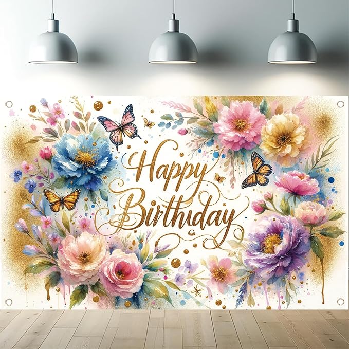Floral Birthday Backdrop for Girls Spring Butterfly Happy Birthday Photography Background Pink Flower Blossom Plant Pastel Girls Lovely Princess Banner Photo Booth Studio 70.8 x 43.3 Inch