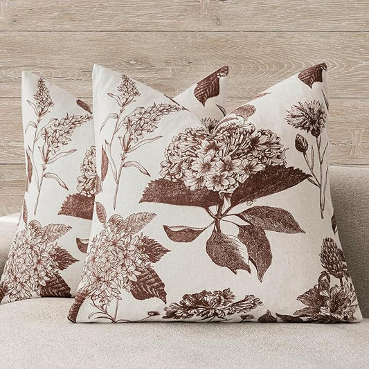 Foindtower Set of 2 Linen Floral Throw Pillow Covers Vintage Accent Print Decorative Cushion Covers Farmhouse Boho Home Decor for Sofa Chair Couch Bedroom Living Room,22×22 Inch,Dark Brown