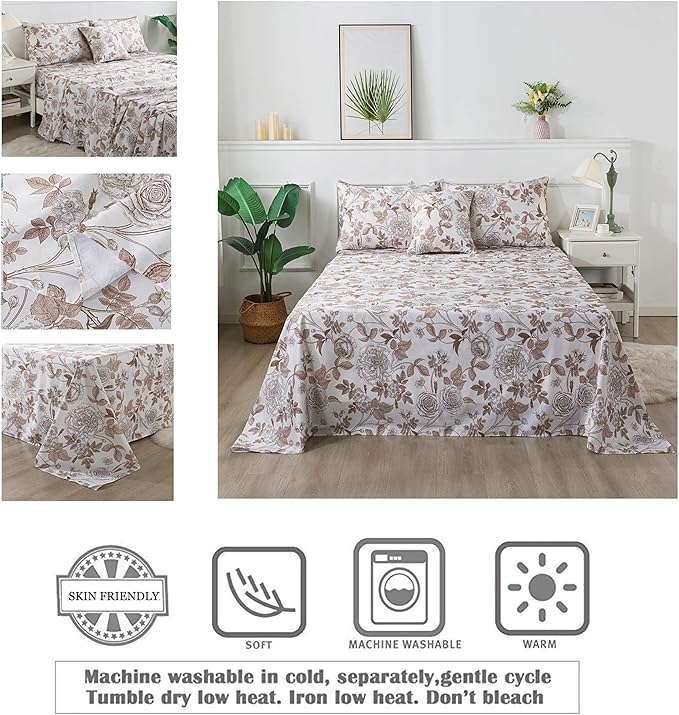 FADFAY Sheets Set Twin Vintage White and Brown Floral Bedding Elegant Peony Sheets Set Shabby Rose Farmhouse Bedding 100% Egyptian Cotton 800 Thread Count Deep Pocket Fitted Sheet 4Pcs, Twin Size