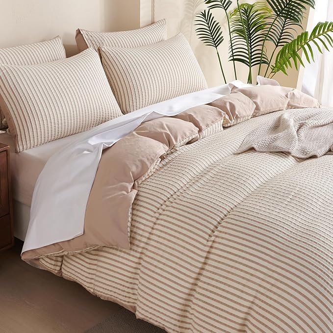 Striped Duvet Cover Queen Beige Washed Microfiber Jacquard 3 Pieces Bedding Set, White Beige Vertical Ticking Stripes Pattern Comforter Cover with Zipper Closure Breathable Durable Soft Comfy