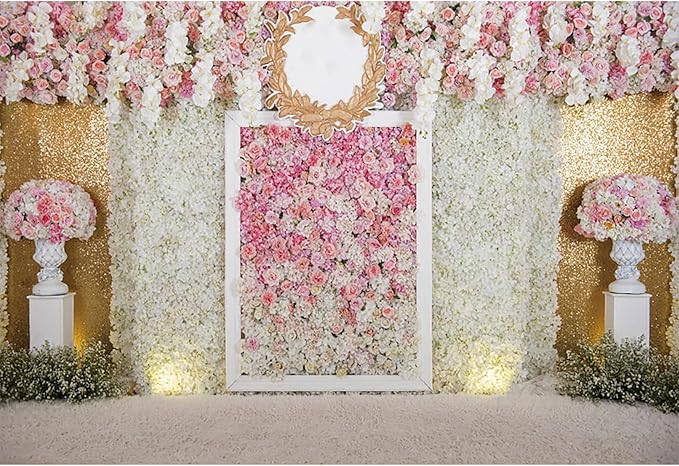 10x7ft Pink Flower Wall Photography Backdrop Proposal Ceremony Wedding Floral Photography Background Women Girl Birthday Party Bridal Shower Decor Banner Photo Booth Props