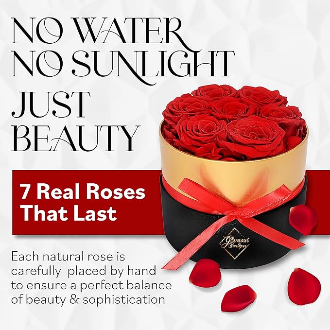 GLAMOUR BOUTIQUE Eternal Preserved Roses in a Box - Flowers Forever, Rose Forever in a Box for Wife, Birthday Gifts for Her, 7 Roses, Red