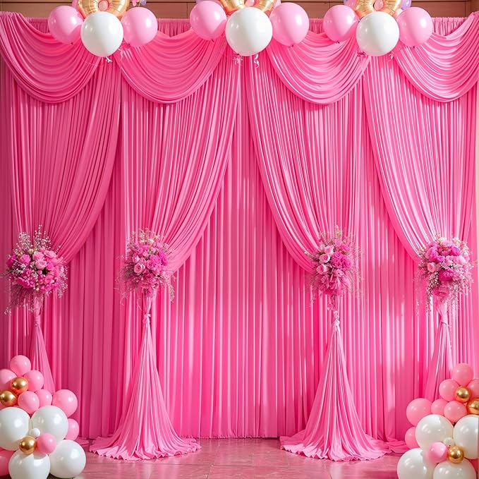 Hot Pink Backdrop Curtain 10 Panels-Wrinkle-Free Polyester Photography Drapes for Wedding Party Photo Background Decorations- 40 X10FT