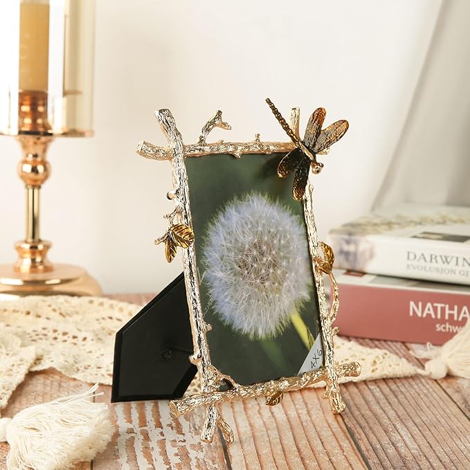 4x6 Picture Frame Brass Dragonfly Ornament Vintage Ornate Home Decor Gifts for Women Men Antique Gold Photo Frame with Glass Front Metal Brass Art Table Decor for Birthday Mothers Day