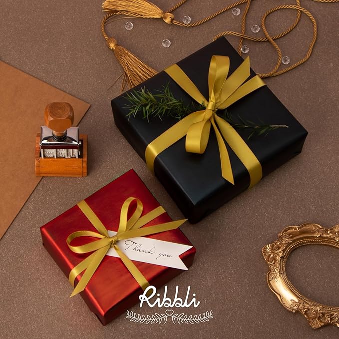 Ribbli Gold Double Faced Satin Ribbon,1/2 Inch x Continuous 25 Yards,Use for Craft Bows Bouquet, Gift Wrapping, Wedding Decoration, Floral Arrangement