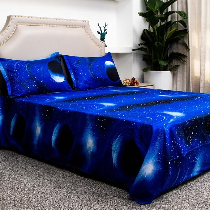 Bedlifes Galaxy Outer Space Sheet Set, Galaxy Themed, 3 pcs Including Flat Sheet, Fitted Sheet, and 1 Pillowcase (Light Blue Twin)