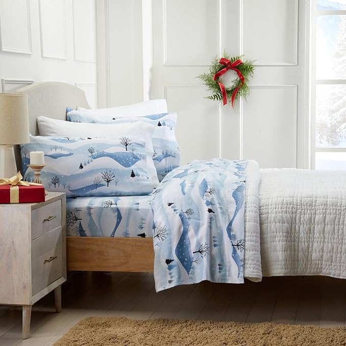 Market & Place 100% Cotton King Flannel Sheet Set | 4 Piece Deep Pocket Novelty Cozy Winter Bed Sheets | Double Brushed for Extra Softness & Comfort | Alpine Collection (King, Winter Landscape)