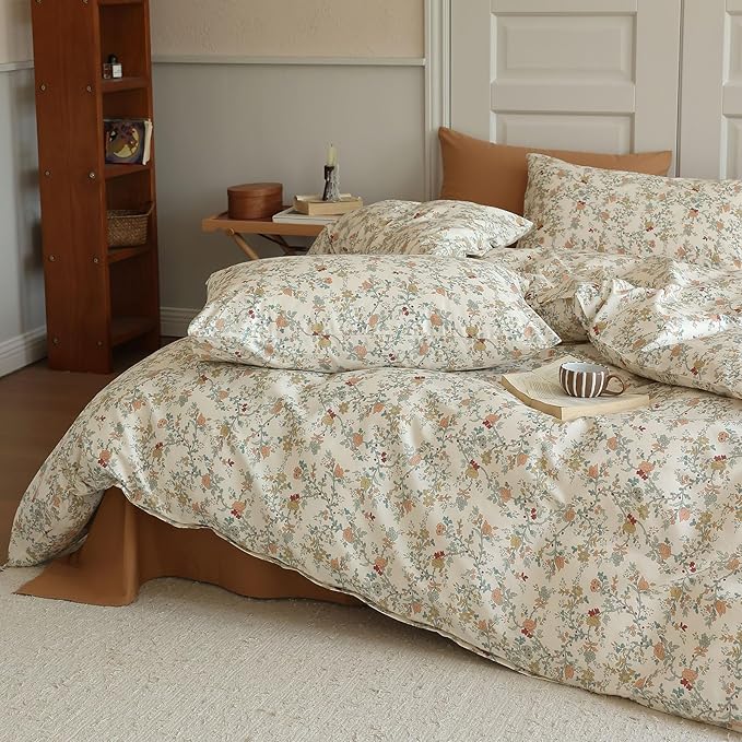 LifeTB Vintage Garden Floral Duvet Cover Queen 3 Pieces Soft Cotton Girls Cottagecore Bedding Set Botanical Flower Comforter Cover with Zipper Closure Floral Branches Vintage Country Bedding
