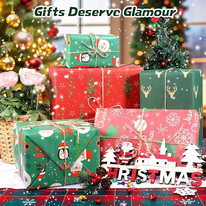 Christmas Wrapping Paper, Green Red Kraft Gift Wrap Papers Roll With Snowflakes Santa Reindeer Designs For Christmas, Thanksgiving, Holiday, Festive Gift Decor For Kids Adult, 4 Jumbo Roll x 17”x 16”