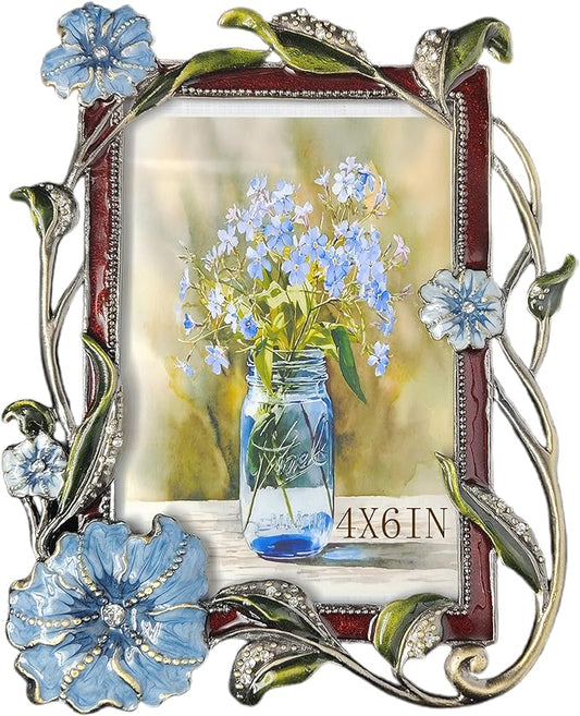 Vintage Floral Picture Frames Luxury Unique Ornate Antique Metal Photo Frame of HD Glass for Tabletop/Wall Display Gifts for Women (Blue Flowers, 4X6)