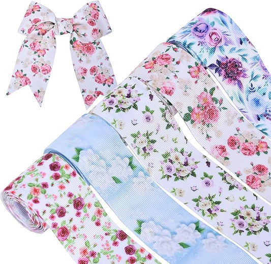 Floral Grosgrain Ribbon, 5 Rolls Flower Pattern Ribbon Spring Summer Fabric Decorative Craft Ribbon Roll for Gift Wrapping Decor Hair Bow Sewing Wreath Crafts (Mixed Color, 7/8Inch X 20Yards)