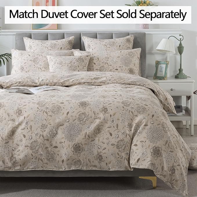 FADFAY Light Khaki Vintage Hydrangea Floral Queen Size Sheets Set 100% Brushed Cotton Shabby Peony Pattern Bedding Set Deep Pocket Sheets with 2 Pillowcases Luxury Daisy Breathable Soft 4pcs, Queen