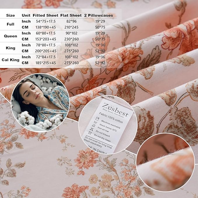 Zusbest Full Size Floral Bed Sheets 100% Percale Cotton Orange Brushed for Extra Softness, Breathable Luxury Flannel Sheets Like Shabby Vintage Flower Print Deep Pocket Fitted Sheet 17.5'' 4 Pcs