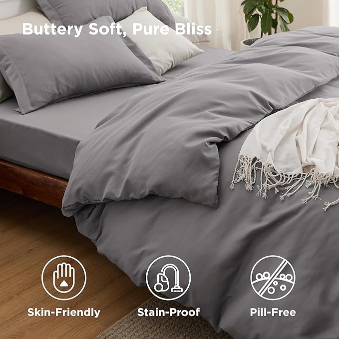 Bedsure Duvet Cover with Fitted Sheet King - Warm Deep Pocket, Hotel Luxury Soft Double Brushed Bedding Set with Zipper Closure, 1 Duvet Cover, 1 Fitted Sheet, 2 Pillow Shams, NO Comforter, Grey