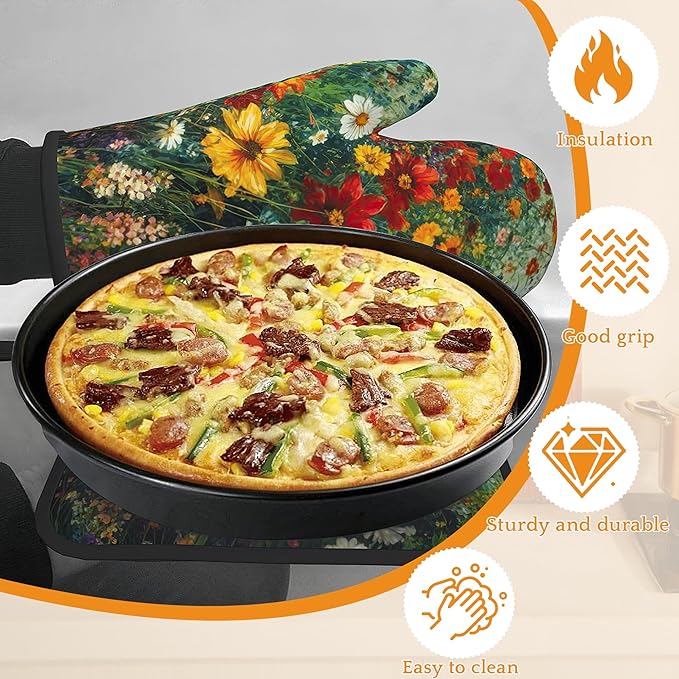 Vintage Flower Fields Oven Mitts and Pot Holders,Heat Resistant Oven Mitts Gloves and Pot Holder for Home Kitchen Decorations Cooking Baking BBQ Gifts,Set of 4