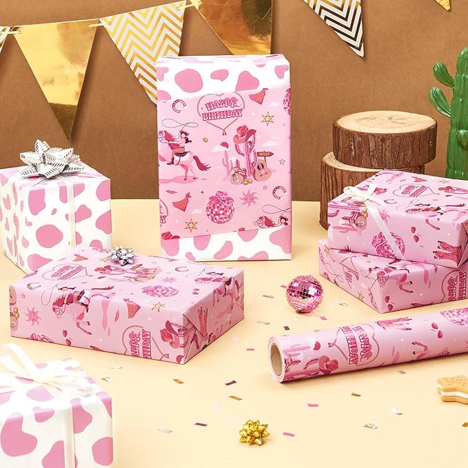 WERNNSAI Pink Cowgirl Wrapping Paper Roll - 1 Roll 17”x 16.4ft Western Gift Wrapping Paper Wild West Girl Gift Packing Favor for Kids Girls Birthday Party Reversible Cow Pattern Design