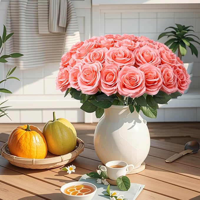 30pcs Artificial Rose Flower Coral Peach Flower with Long Stem Silk Roses Bouquet for Wedding Bridal Shower Party Home Decoration