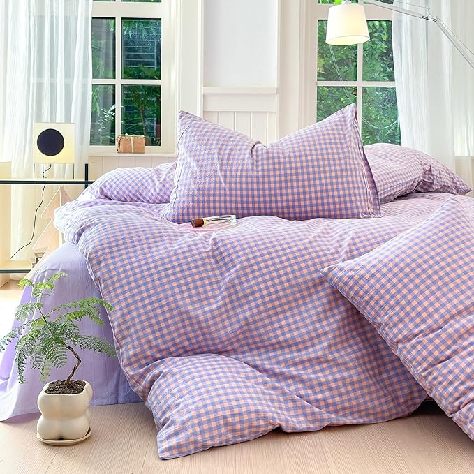 LifeTB Purple Gingham Comforter Queen Comforter Set Fluffy Soft Plaid Checkered Pattern Comforter Purple Pink Gingham Bedding Set Farmhouse Grid Plaid Comforter Set for All Seasons Queen Size