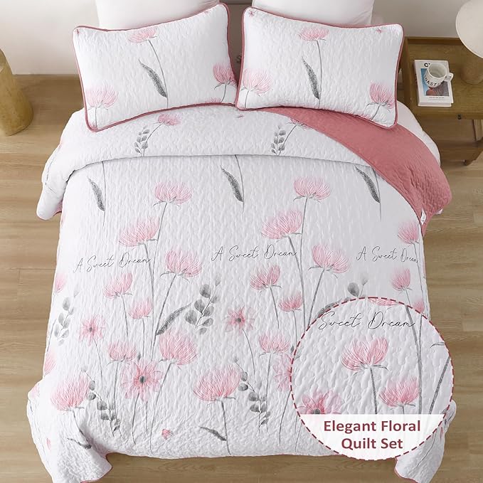 Dinjoy Quilt Set Full Size Pink, Floral Bedspread Set 3 Pieces Reversible Summer Bedding Set Microfiber Lightweight Bedspread Coverlet Farmhouse Set for Women Girls 78"x90"
