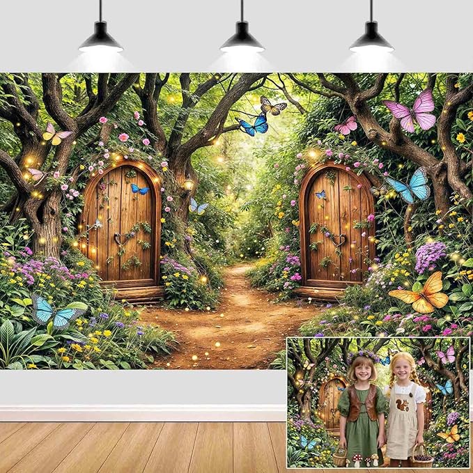 5X3ft Enchanted Forest Backdrop Fairy Tale Green Enchanted Garden Wonderland Floral Butterfly Photography Background for Kids Girl Baby Shower Birthday Party Decoration Banner Booth Props