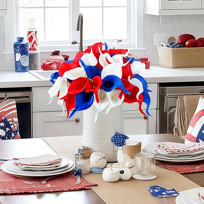 SITUMEIZI 24 PCS 4th of July Flowers Artificial Calla Lily Fake Silk Patriotic Flowers Real Touch for Independence Day Home Kitchen Decor Table Centerpiece Decoration(Mix,3)