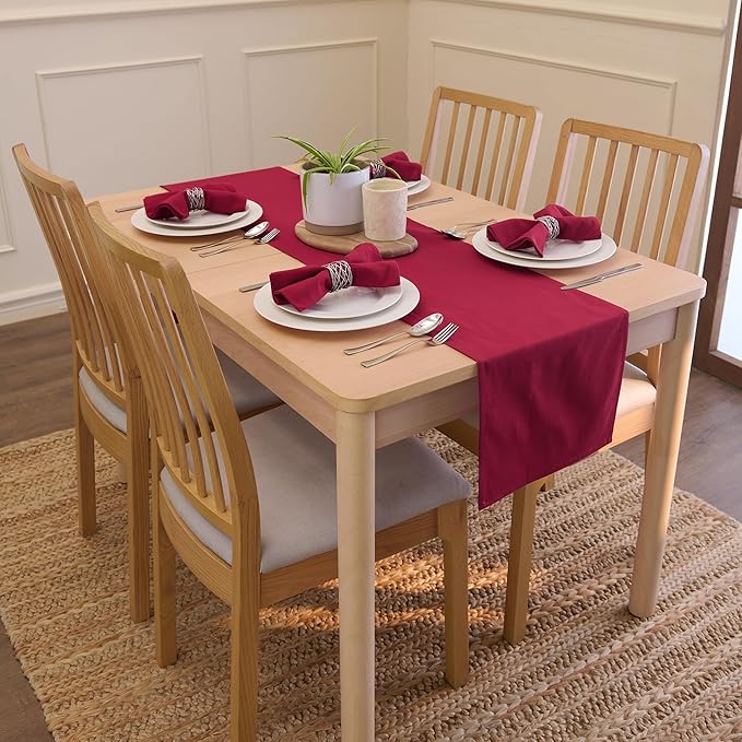 Encasa XO Table Runner 13"x59" Long | Cotton Canvas Fabric | Rich Maroon Solid Color | Machine Washable & Durable