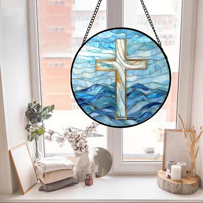 Christian Gifts for Women - Blue Cross Stained Glass Window Hanging Jesus Easter Ocean Waves Sun Catcher Garden Religion Decor Mother's Day Catholic Gift for Men Grandma Mom Her Nana 6.3"