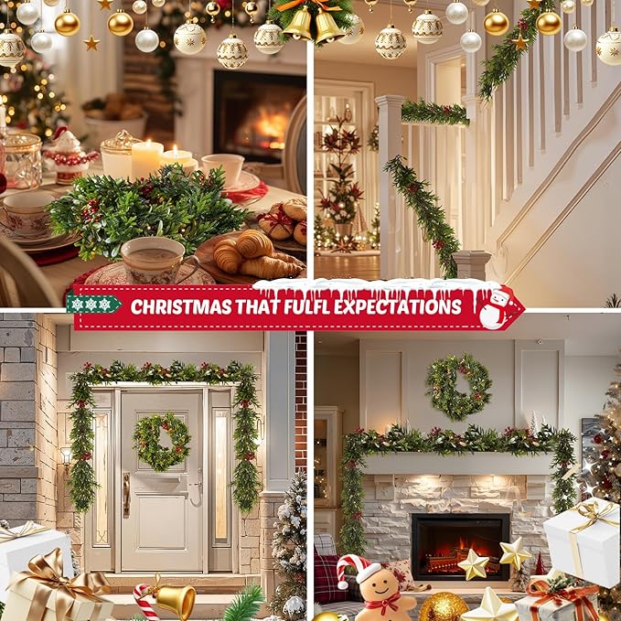 2Pack 6FT Christmas Garland – Artificial Norfolk Pine Olive Garland with Red Berries, Pinecones & 20 Warm LED Timer Lights – Holiday Garland for Home, Wedding, Party Decorations