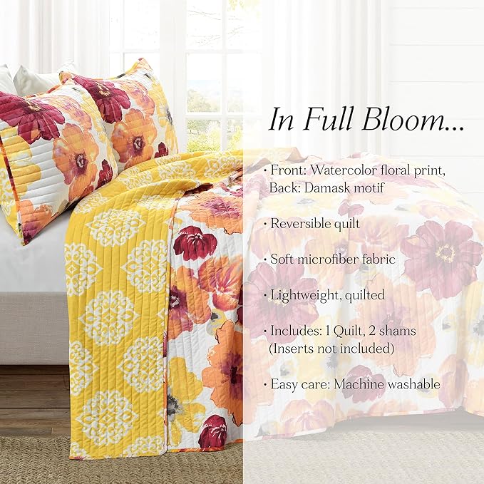 Lush Decor Leah Reversible Floral Quilt Set, 3 Piece Set, Full/ Queen, Red & Orange - Watercolor Botanical - Cottage Core - French Country Decor- Bedding Queen Size