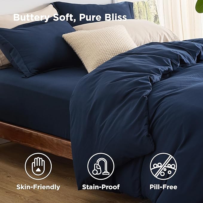 Bedsure Duvet Cover with Fitted Sheet Queen - Warm Deep Pocket, Hotel Luxury Soft Double Brushed Bedding Set with Zipper Closure, 1 Duvet Cover, 1 Fitted Sheet, 2 Pillow Shams, NO Comforter, Blue