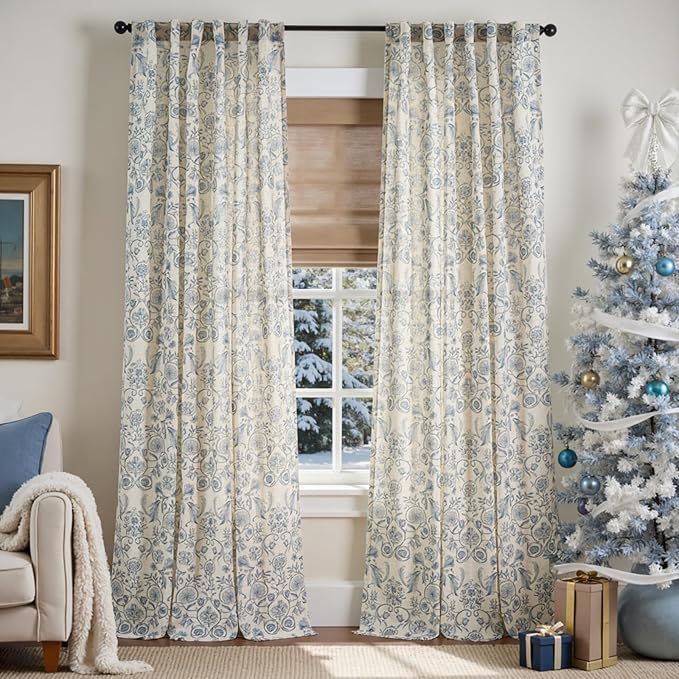 jinchan Linen Floral Curtains for Living Room with Printed Flower 96 Inches Long Light Filtering Farmhouse Window Treatment Vintage Drapes Back Tab Rod Pocket 2 Panels Blue on Beige