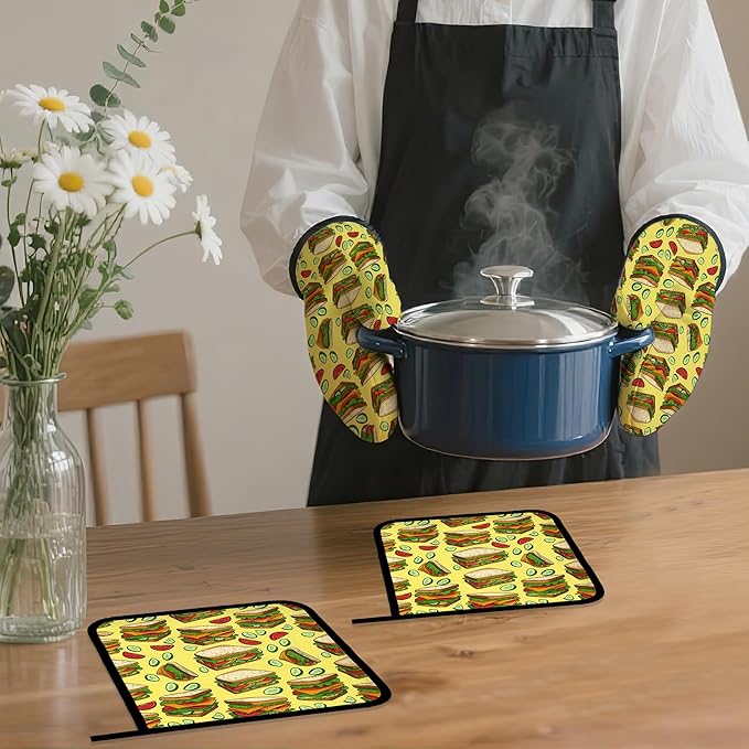 Cute Sandwich Oven Mitts and Pot Holders,Heat Resistant Oven Mitts Gloves and Pot Holder for Home Kitchen Decorations Cooking Baking BBQ Gifts,Set of 4