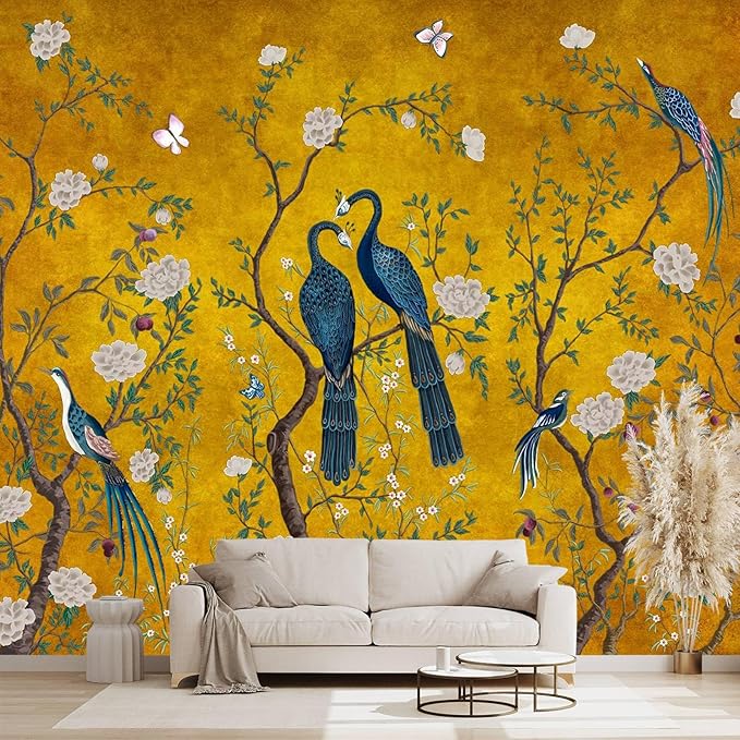 WXHFM - Golden Chinese Style Flowers Birds Large wall murals Peel and Stick Wallpaper for Bedroom Living Room - 108"x157"