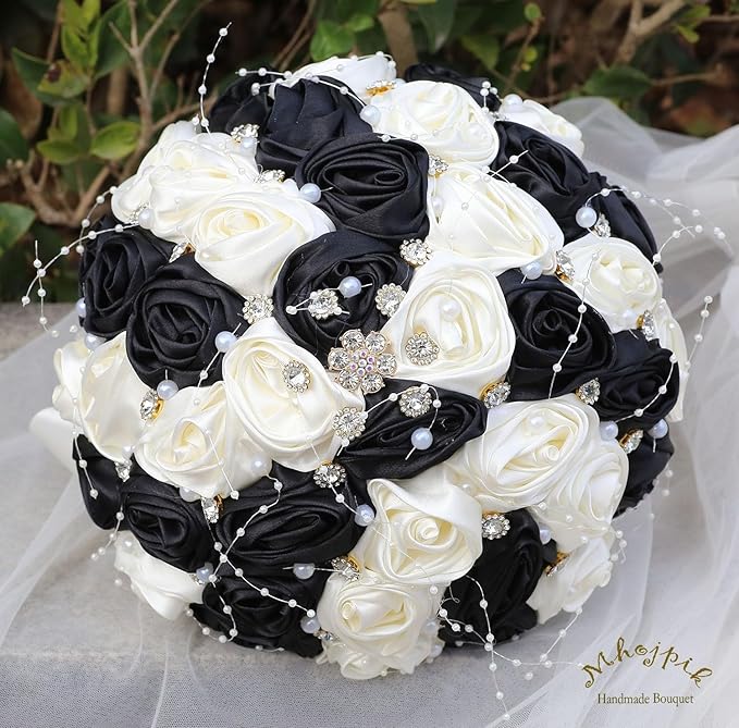 Bridal Wedding Bouquet Round Bling Brooch Bouquet Throw Toss Artificial Rose Flower Bunch for Bride Bridesmaid Wedding Quinceanera(Black & Ivory, 8.7")