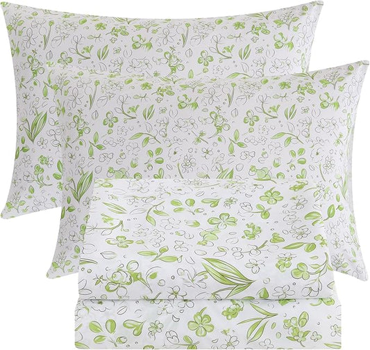 Bedlifes King Size Extra Deep Pocket Sheet Sets - Fits Mattresses Up to 18-24" Thick, 4-Piece Microfiber Set with 1800 Thread Count, Soft, Smooth, Breathable, Featuring Cute Printed Green Floral
