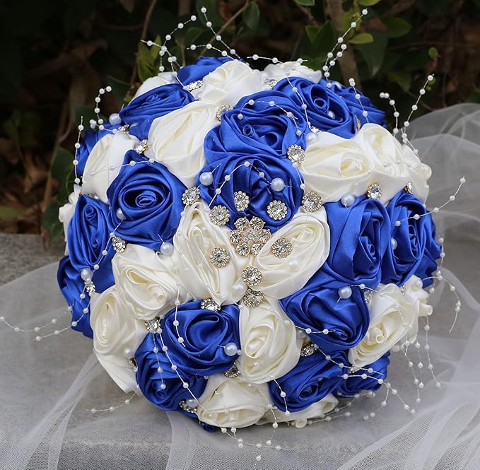 Bridal Wedding Bouquet Round Bling Brooch Bouquet Throw Toss Artificial Rose Flower Bunch for Bride Bridesmaid Wedding Quinceanera(Royal Blue & Ivory, 7.5")